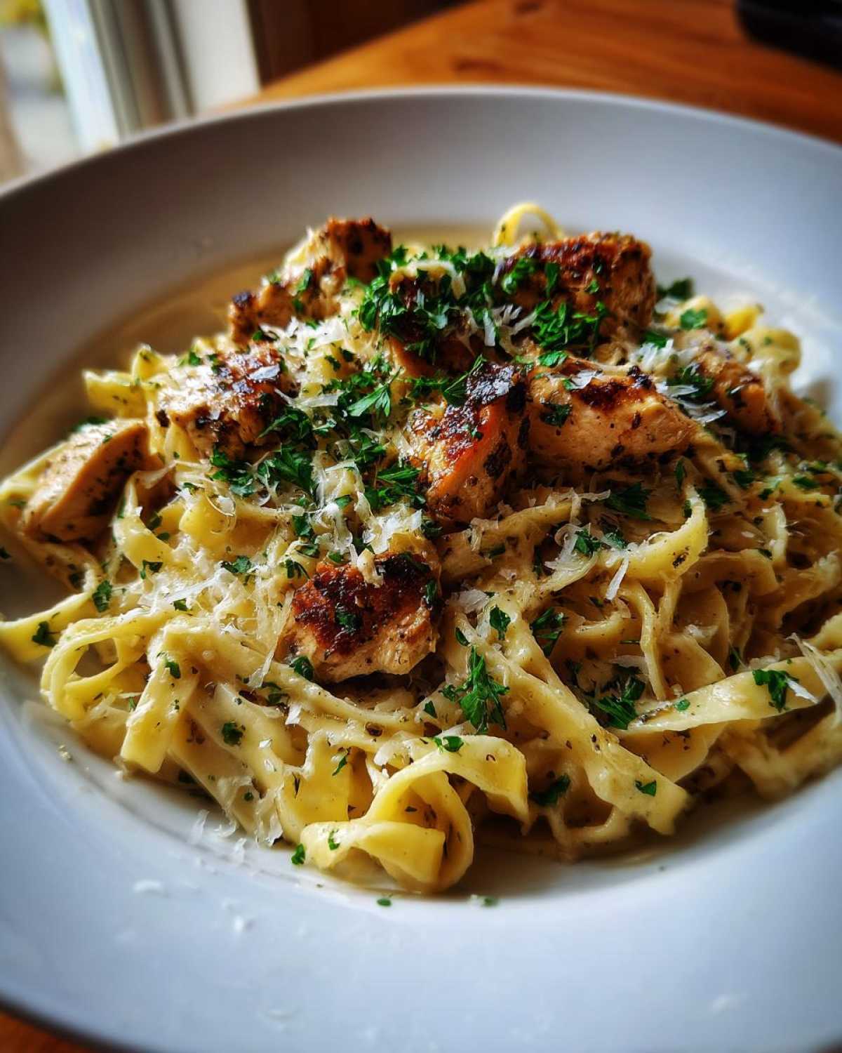 Close-up of Garlic Butter Chicken Pasta with Parmesan, featuring fettuccine, seared chicken, and fresh parsley.