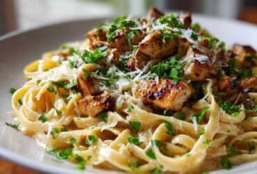 A close-up shot of creamy Garlic Butter Chicken Pasta with Parmesan cheese and fresh parsley.