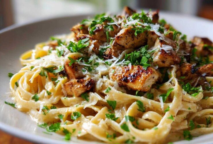 A close-up shot of creamy Garlic Butter Chicken Pasta with Parmesan cheese and fresh parsley.