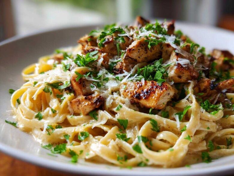 A close-up shot of creamy Garlic Butter Chicken Pasta with Parmesan cheese and fresh parsley.