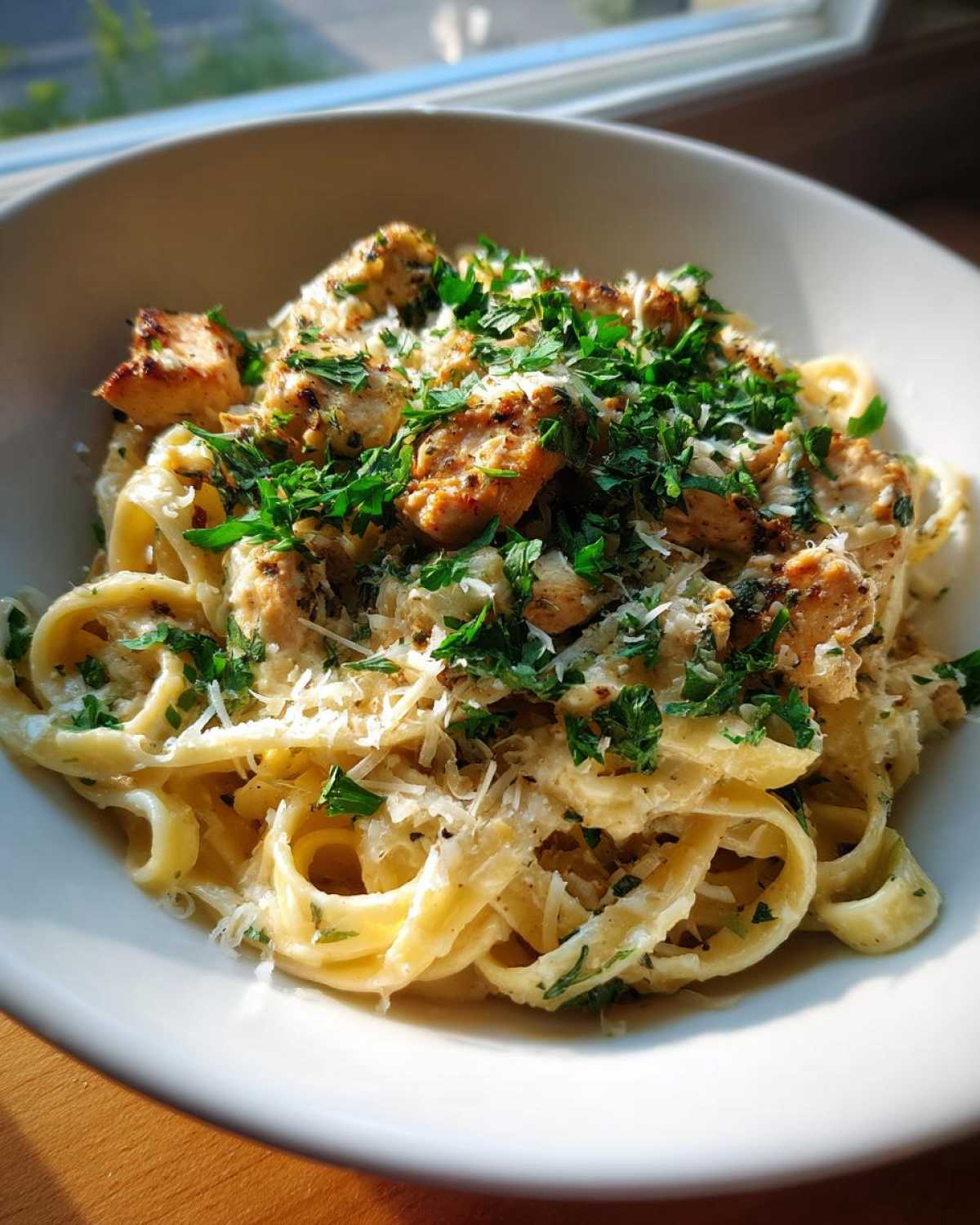 A close-up of creamy Garlic Butter Chicken Pasta with Parmesan and fresh chopped parsley in a white bowl.