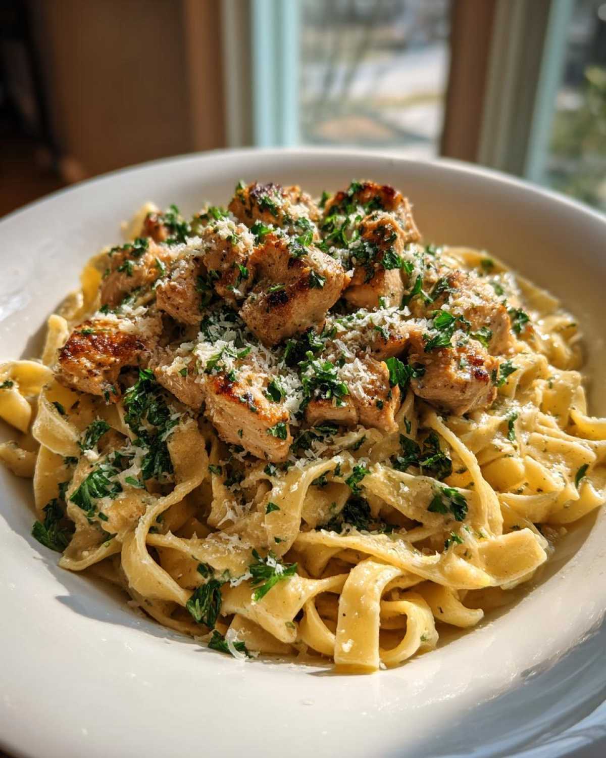 Close-up of Garlic Butter Chicken Pasta with Parmesan, featuring fettuccine noodles, seasoned chicken pieces, and fresh parsley.