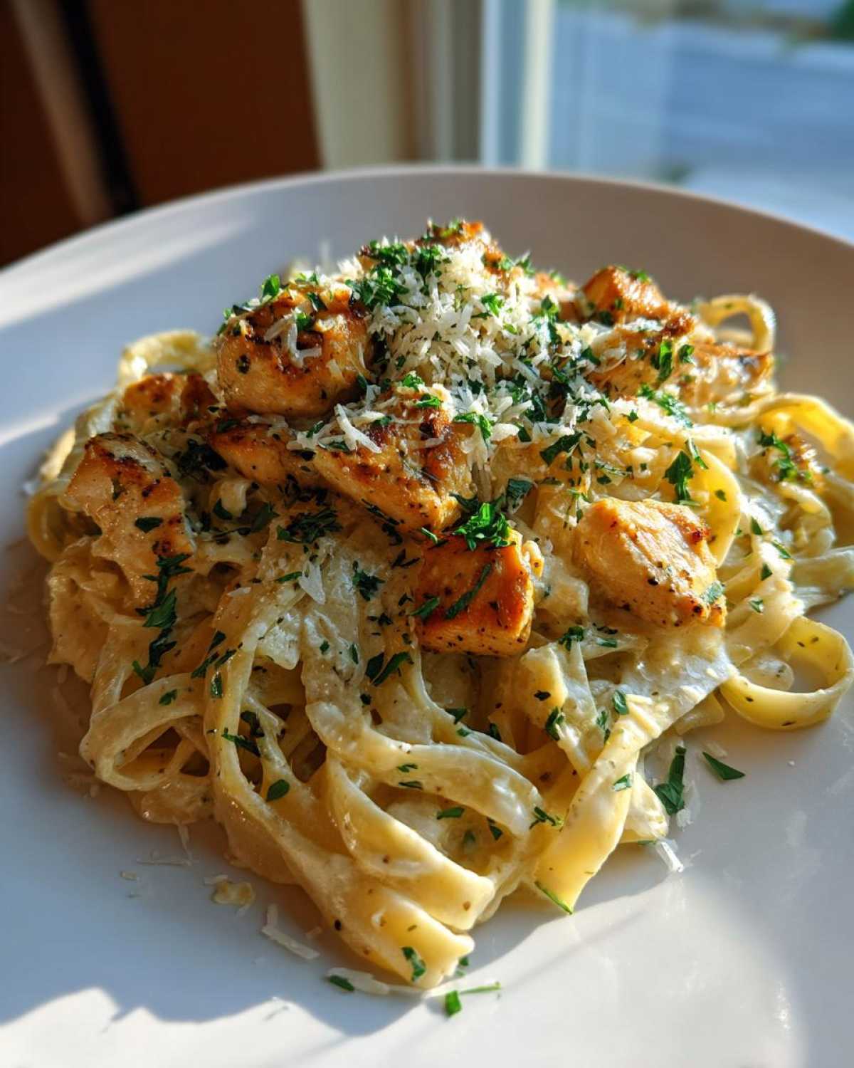A close-up of creamy Garlic Butter Chicken Pasta with Parmesan, topped with fresh parsley.