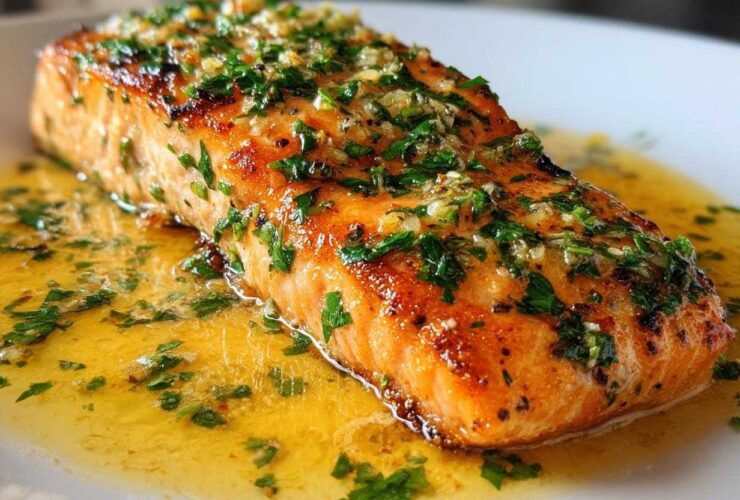 Close-up of a perfectly cooked Garlic Butter Salmon with crispy edges, topped with garlic and parsley, resting in melted butter sauce.