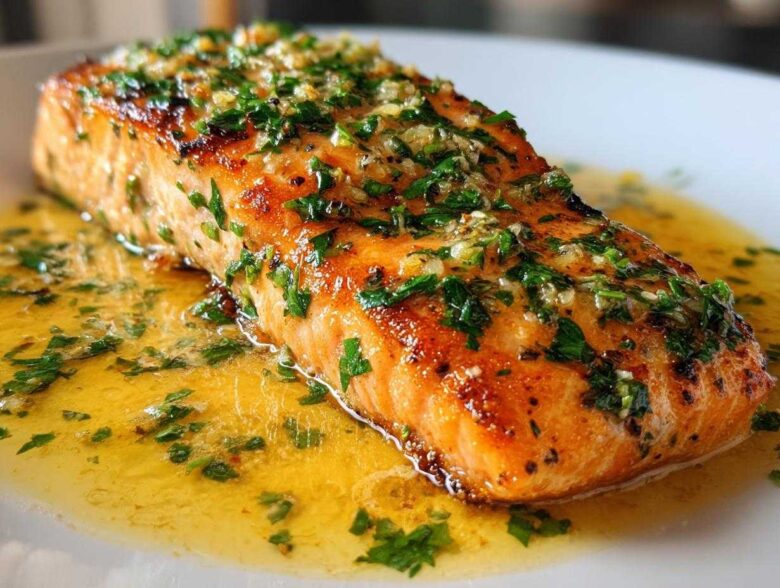Close-up of a perfectly cooked Garlic Butter Salmon with crispy edges, topped with garlic and parsley, resting in melted butter sauce.