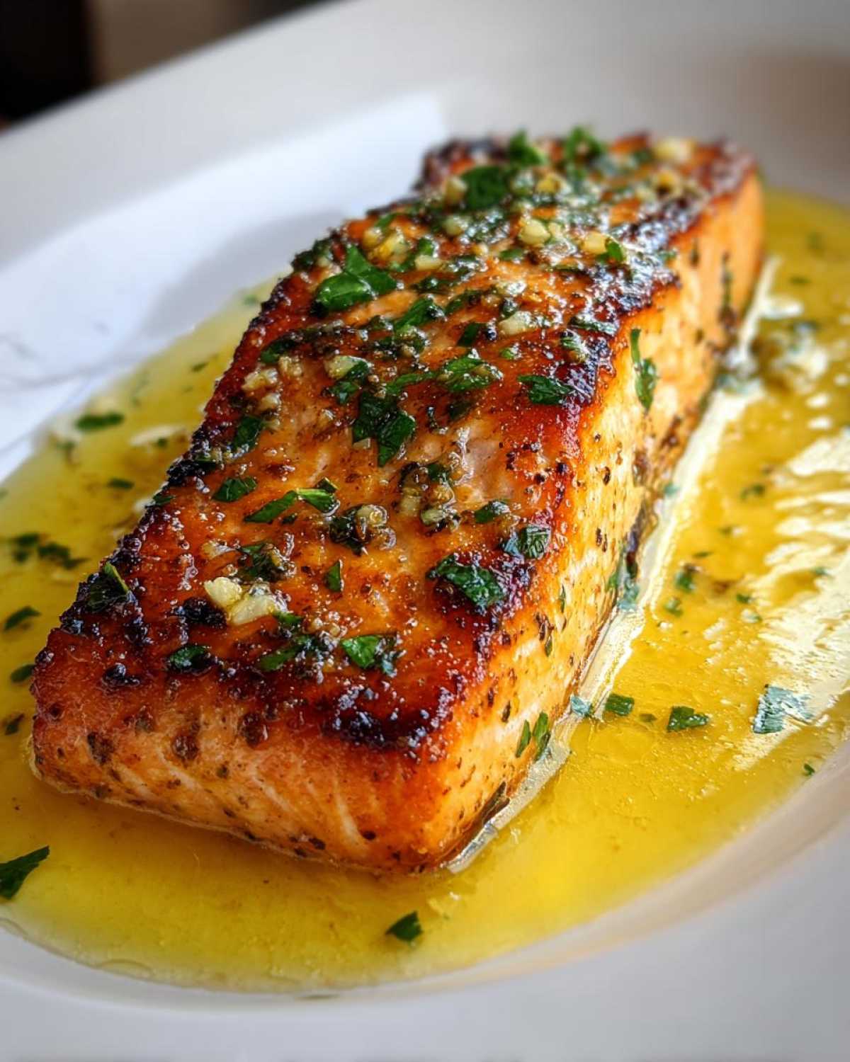 Close-up of a perfectly cooked fillet of Garlic Butter Salmon with Crispy Edges resting in a pool of melted butter sauce.