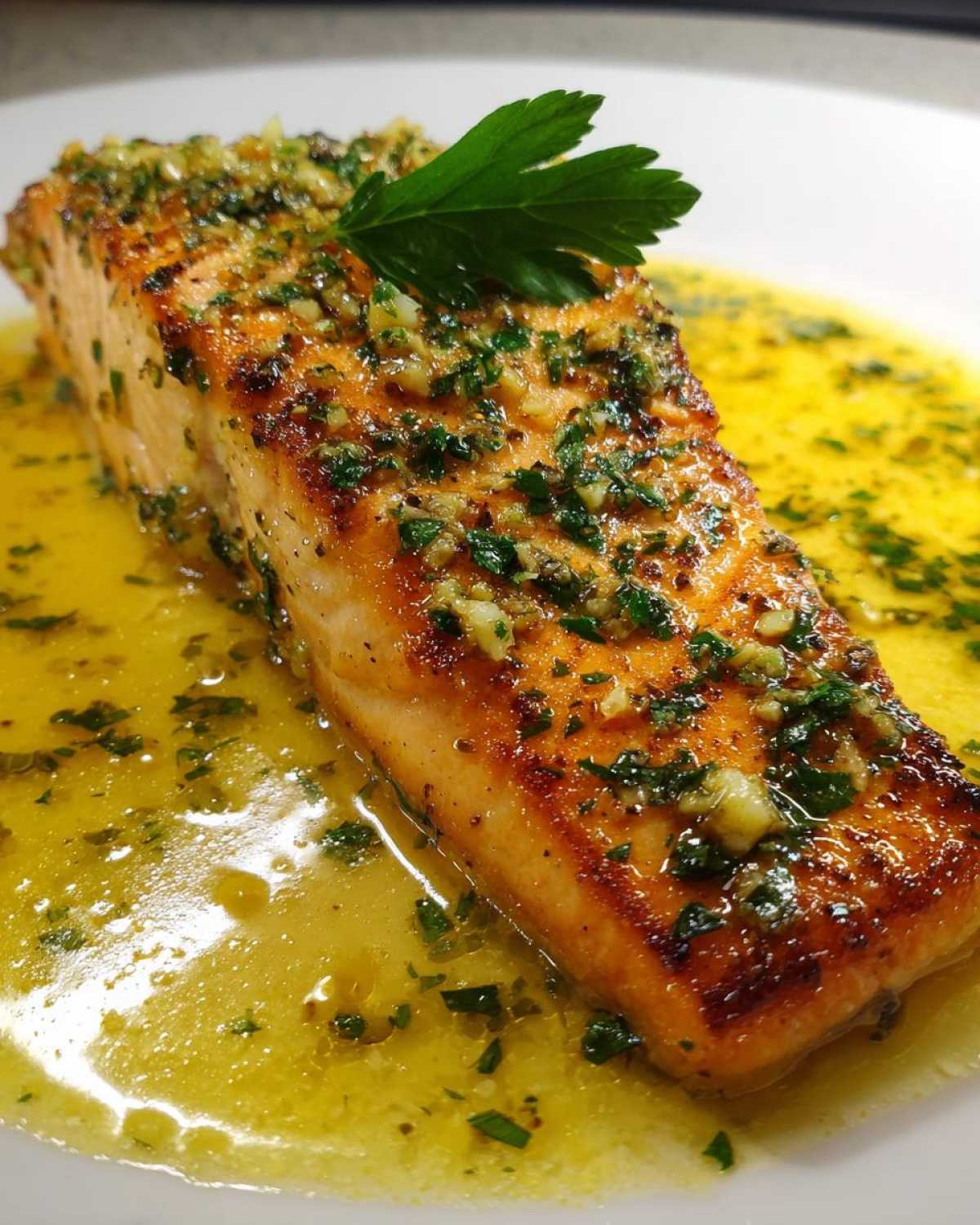 Close-up of perfectly cooked Garlic Butter Salmon with crispy edges, resting in melted butter sauce and garnished with parsley.
