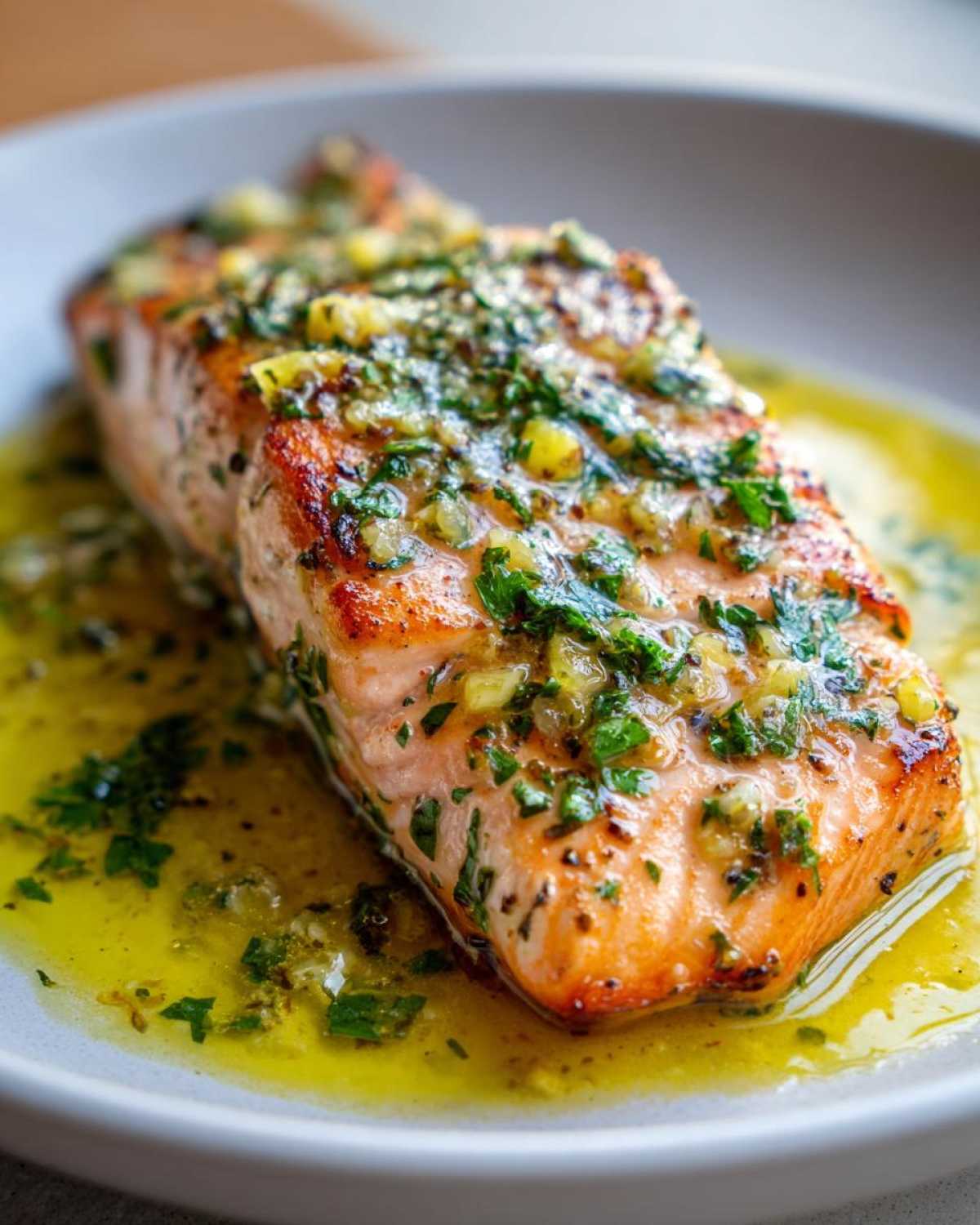 Close-up of a perfectly cooked fillet of Garlic Butter Salmon with Lemon Garlic Sauce, glistening in butter.