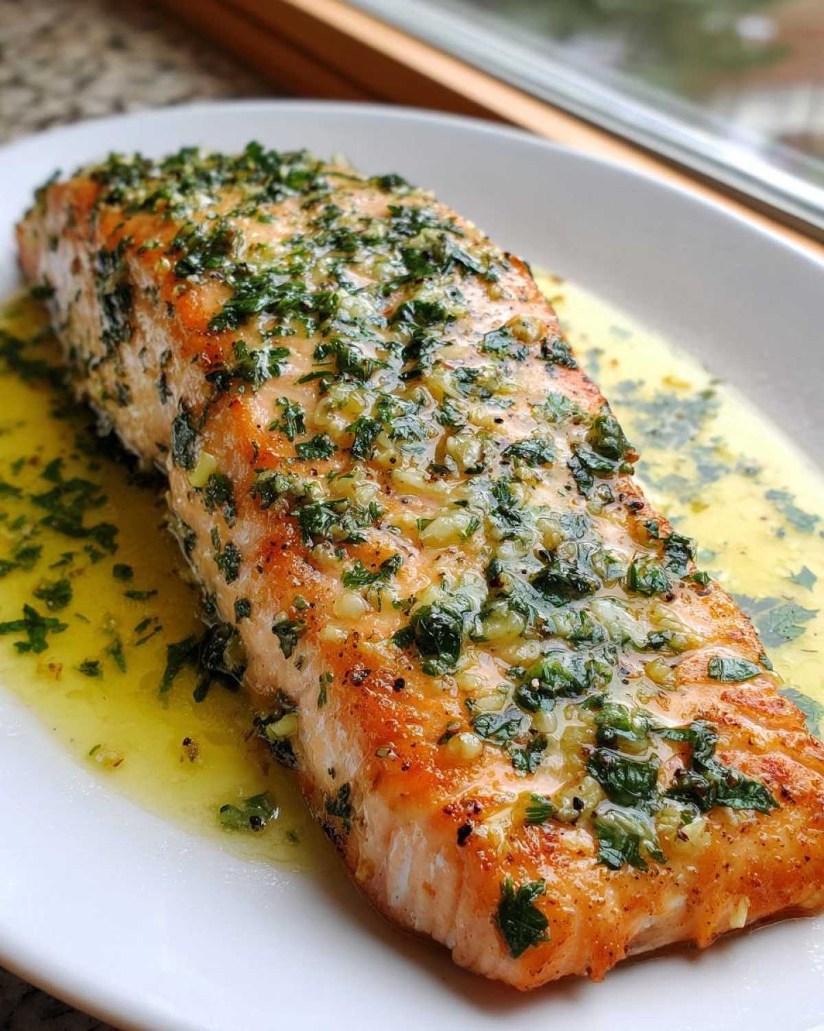Close-up of a perfectly cooked fillet of Garlic Butter Salmon with Lemon Garlic Sauce, topped with herbs.