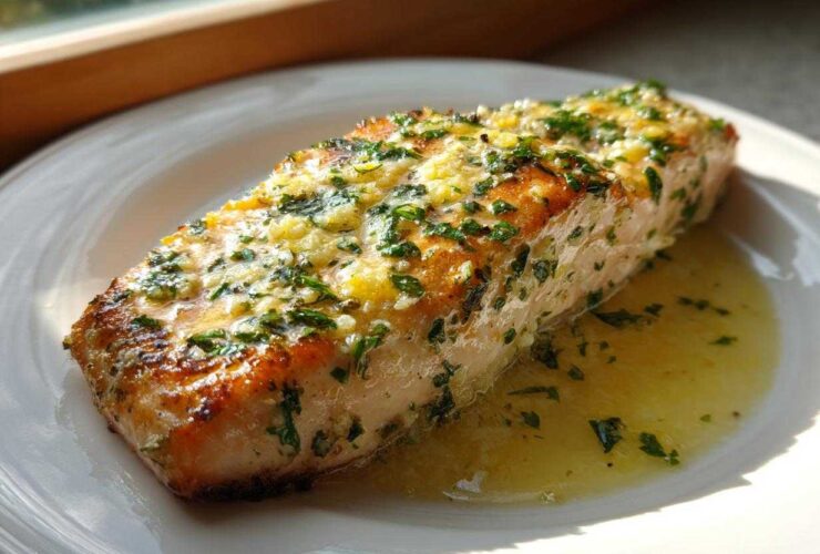 A perfectly cooked fillet of Garlic Butter Salmon with Lemon Garlic Sauce, topped with herbs.