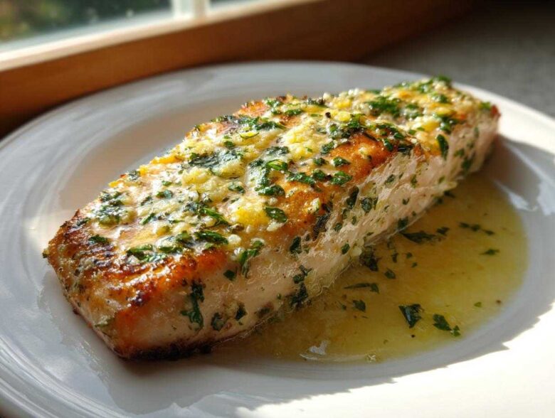 A perfectly cooked fillet of Garlic Butter Salmon with Lemon Garlic Sauce, topped with herbs.