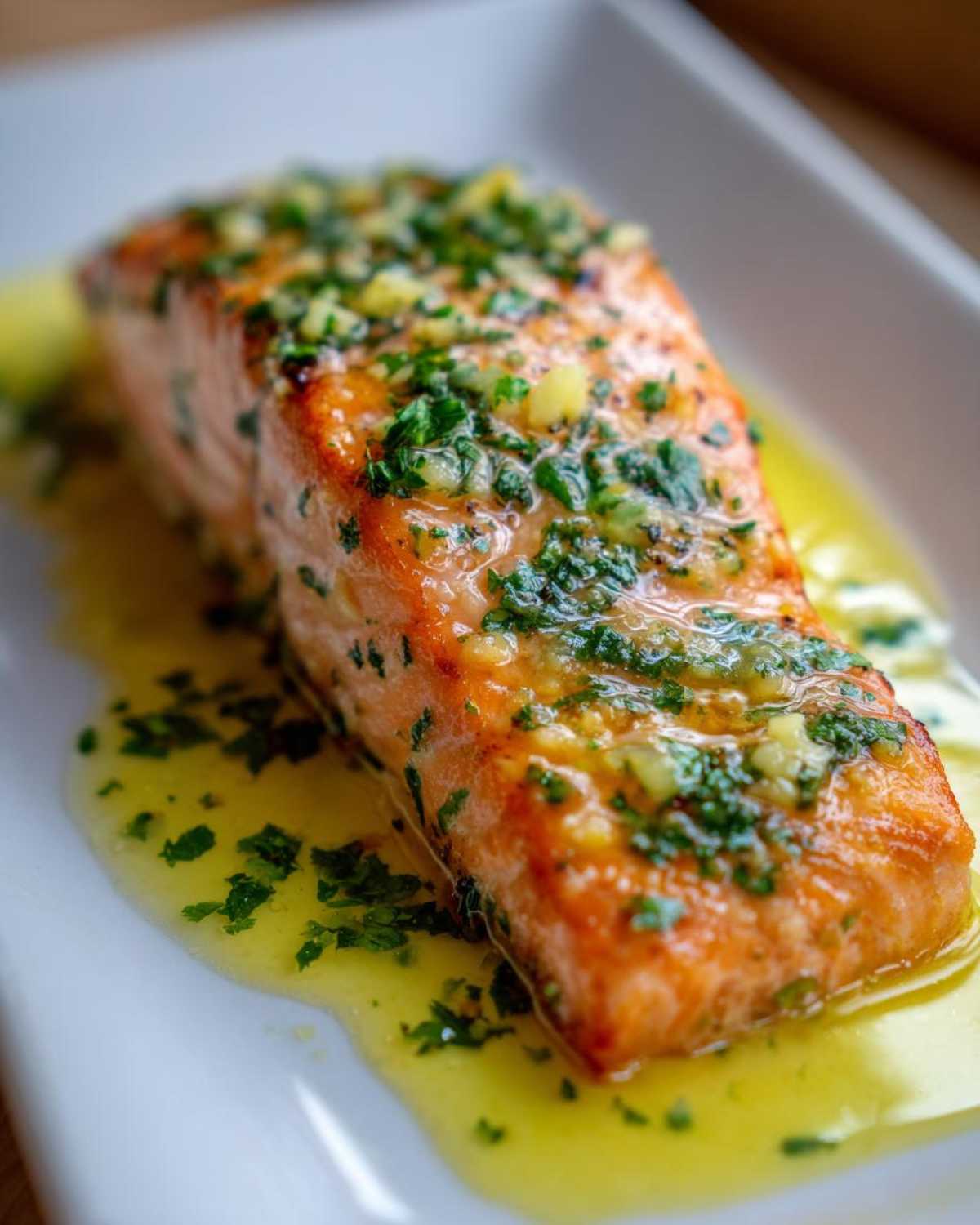 Close-up of a perfectly cooked fillet of Garlic Butter Salmon with Lemon Garlic Sauce, topped with herbs.