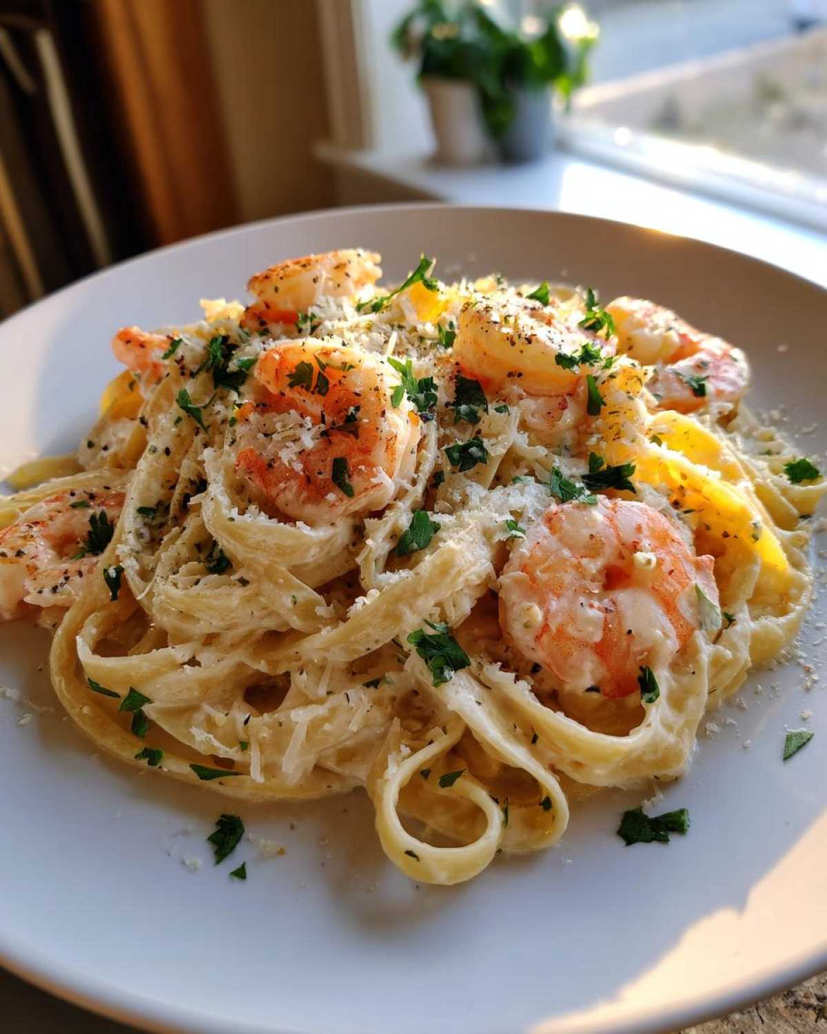 A plate of creamy Garlic Butter Shrimp Alfredo Pasta topped with shrimp, Parmesan, and parsley.