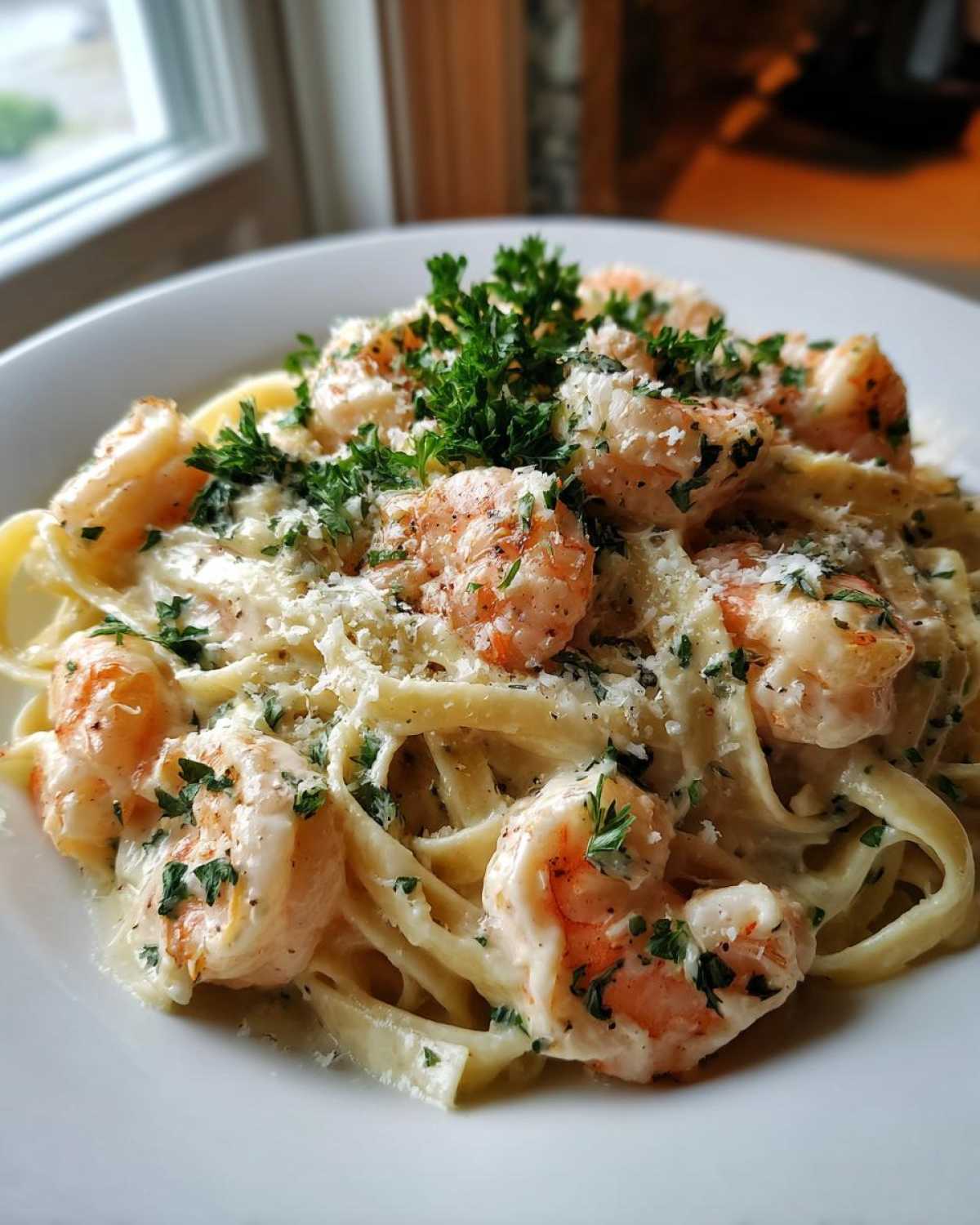 Close-up of creamy Garlic Butter Shrimp Alfredo Pasta topped with Parmesan and fresh parsley.