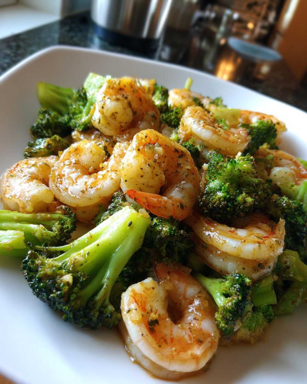 Close-up of Garlic Butter Shrimp and Broccoli Skillet, featuring plump shrimp coated in sauce next to bright green broccoli florets.