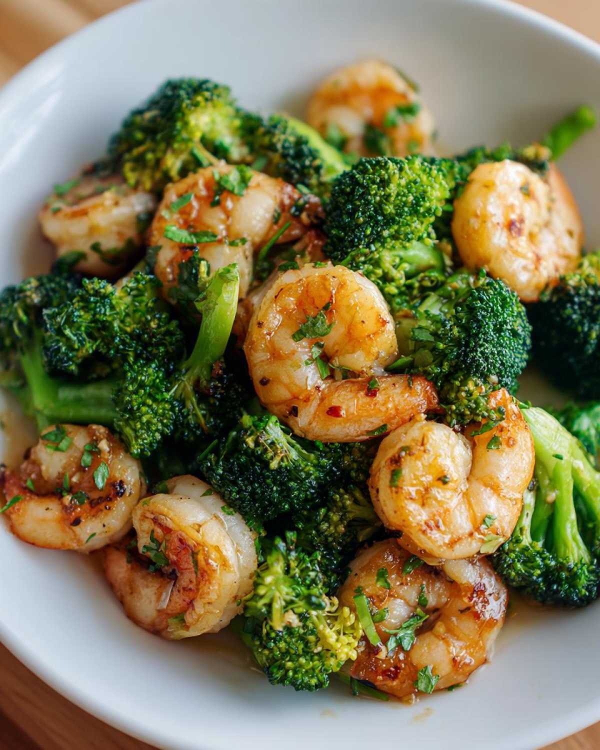 Close-up of perfectly cooked Garlic Butter Shrimp and Broccoli Skillet in a white bowl.