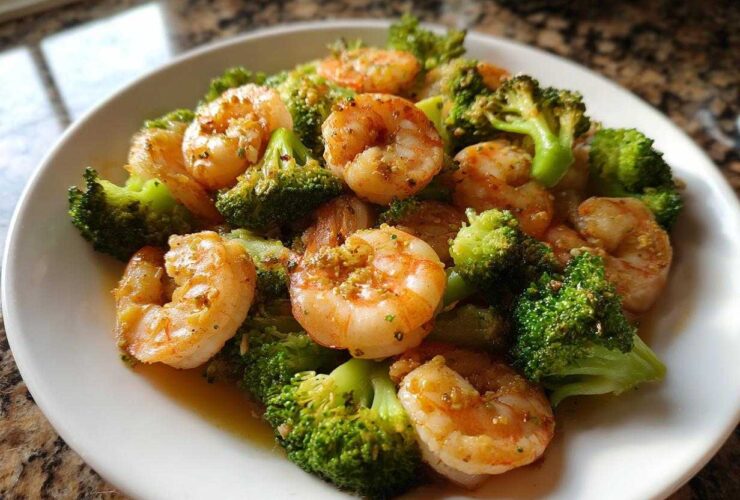 Close-up of Garlic Butter Shrimp and Broccoli Skillet served on a white plate with visible garlic butter sauce.