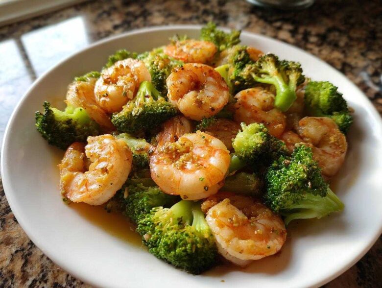 Close-up of Garlic Butter Shrimp and Broccoli Skillet served on a white plate with visible garlic butter sauce.