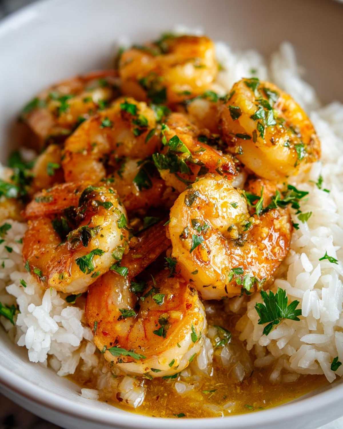Close-up of a Garlic Butter Shrimp Bowl with rice, featuring plump shrimp coated in garlic butter sauce and parsley.