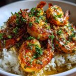 Close-up of a Garlic Butter Shrimp Bowl with Rice, featuring glossy, seasoned shrimp over white rice topped with parsley.