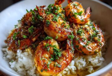 Close-up of a Garlic Butter Shrimp Bowl with Rice, featuring glossy, seasoned shrimp over white rice topped with parsley.