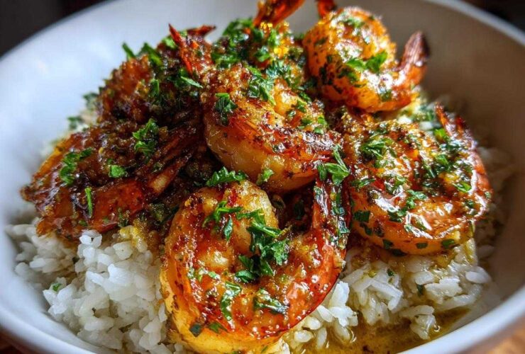 Close-up of a Garlic Butter Shrimp Bowl with Rice, featuring glossy, seasoned shrimp over white rice topped with parsley.