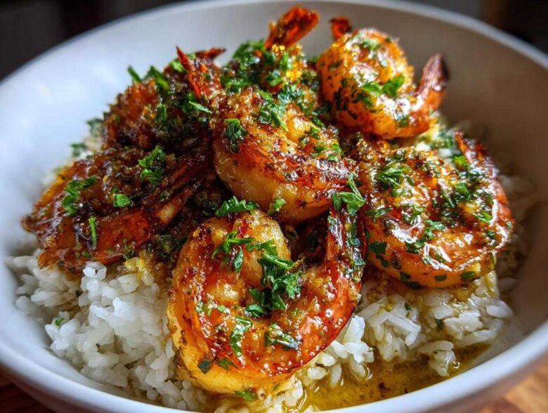 Close-up of a Garlic Butter Shrimp Bowl with Rice, featuring glossy, seasoned shrimp over white rice topped with parsley.