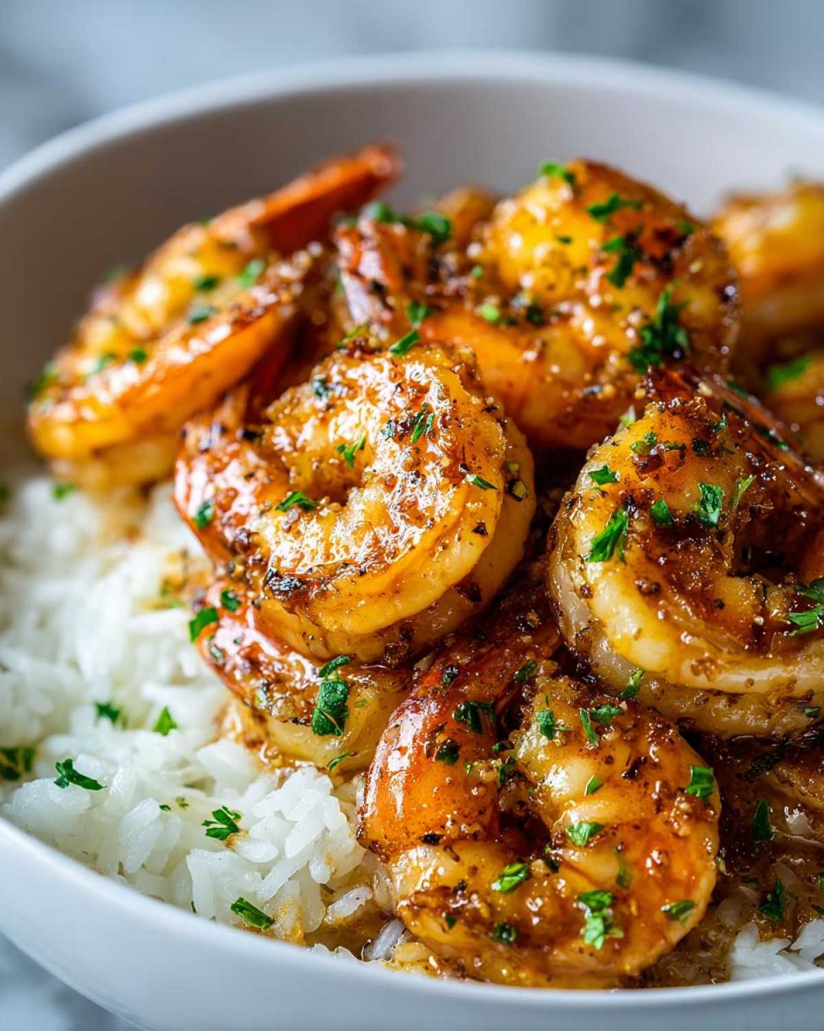 Close-up of succulent shrimp coated in garlic butter sauce served over white rice in a bowl.