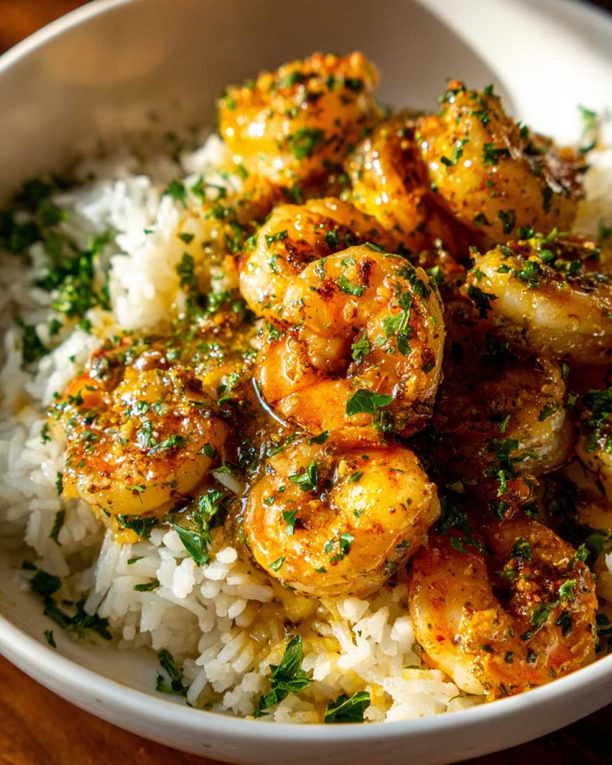 Close-up of a Garlic Butter Shrimp Bowl with Rice, featuring plump shrimp coated in golden sauce and fresh parsley.