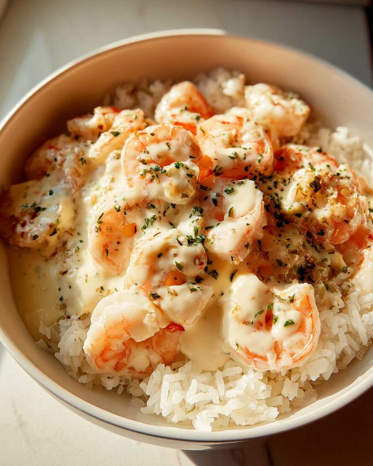 Close-up of a Garlic Butter Shrimp Rice Bowl featuring succulent shrimp covered in a creamy garlic sauce over white rice.