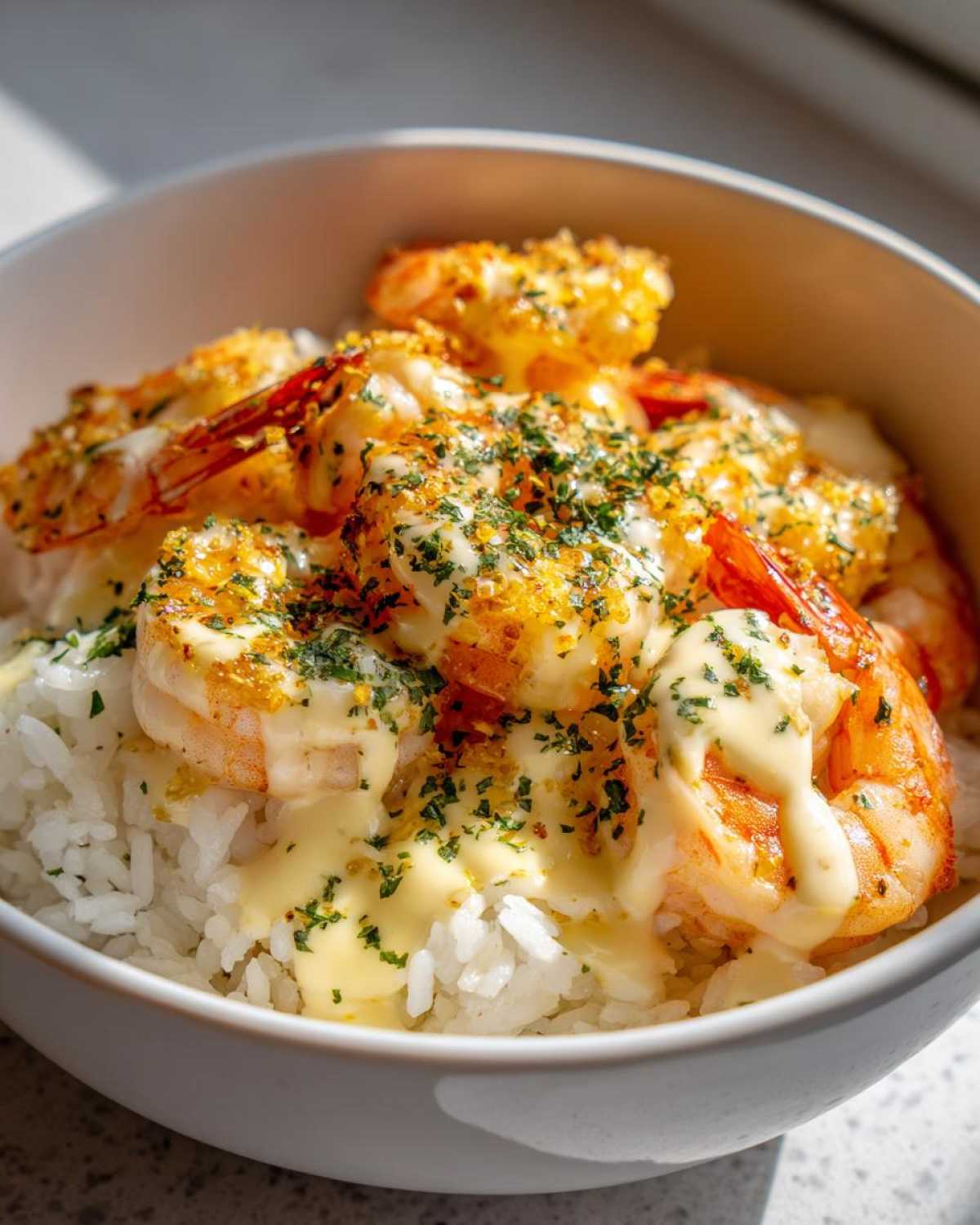Close-up of a Garlic Butter Shrimp Rice Bowl topped with creamy garlic sauce and fresh parsley.