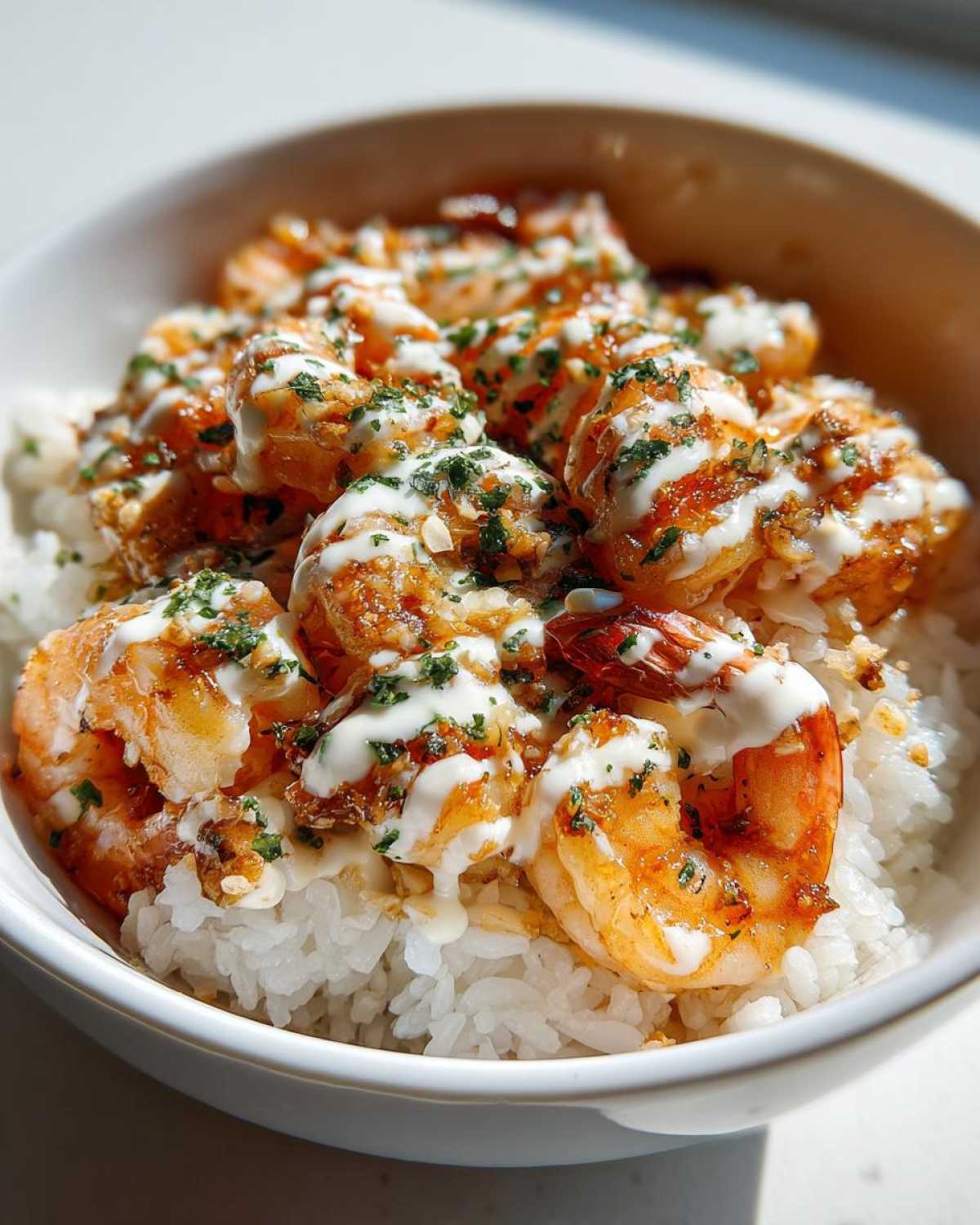 Close-up of a Garlic Butter Shrimp Rice Bowl topped with a creamy white sauce and chopped parsley.