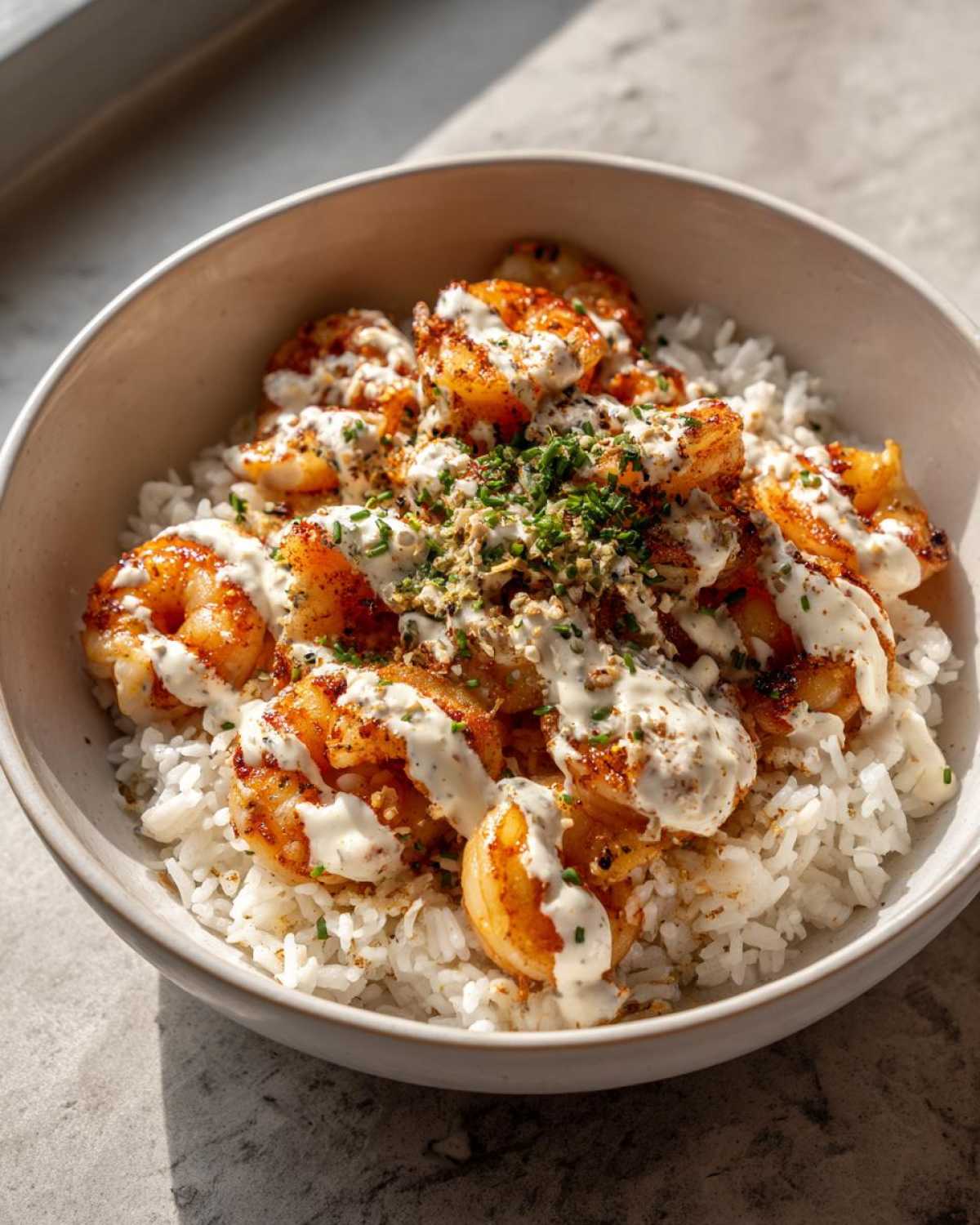 Close-up of a Garlic Butter Shrimp Rice Bowl topped with creamy garlic sauce and fresh chives.