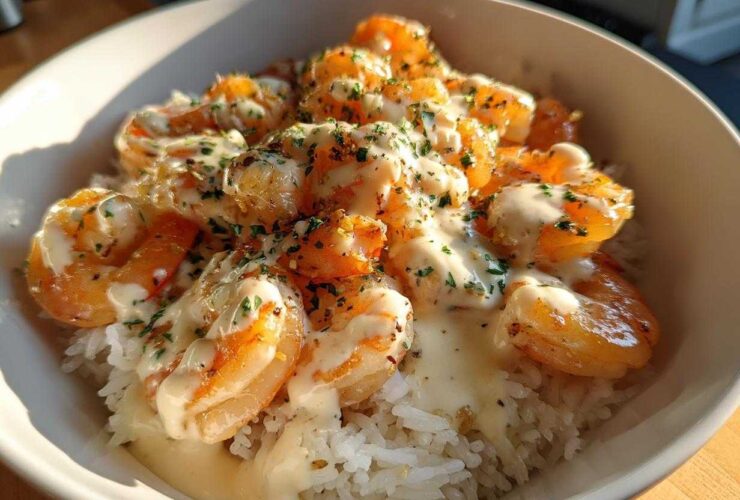 Close-up of a Garlic Butter Shrimp Rice Bowl topped with creamy garlic sauce and parsley.