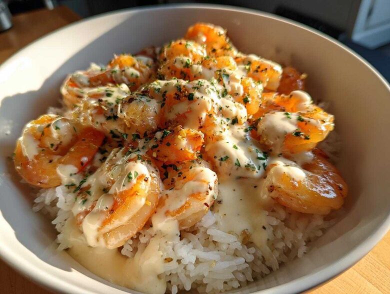 Close-up of a Garlic Butter Shrimp Rice Bowl topped with creamy garlic sauce and parsley.