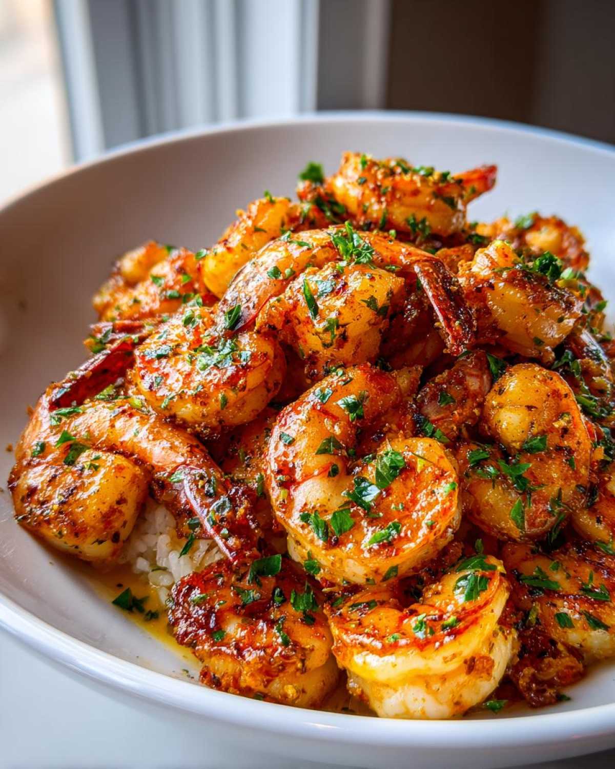 Close-up of juicy Garlic Butter Shrimp with Rice Skillet, topped with fresh parsley.