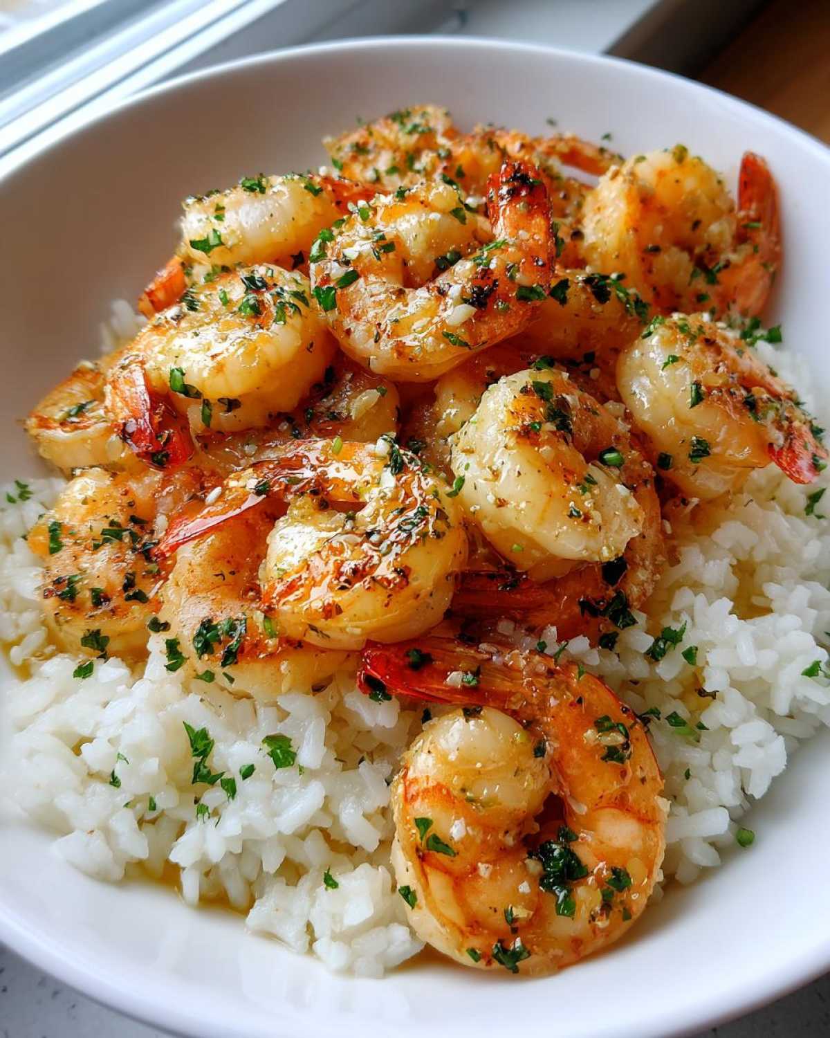 Close-up of Garlic Butter Shrimp with Rice Skillet, featuring plump shrimp coated in garlic butter sauce over white rice, garnished with parsley.
