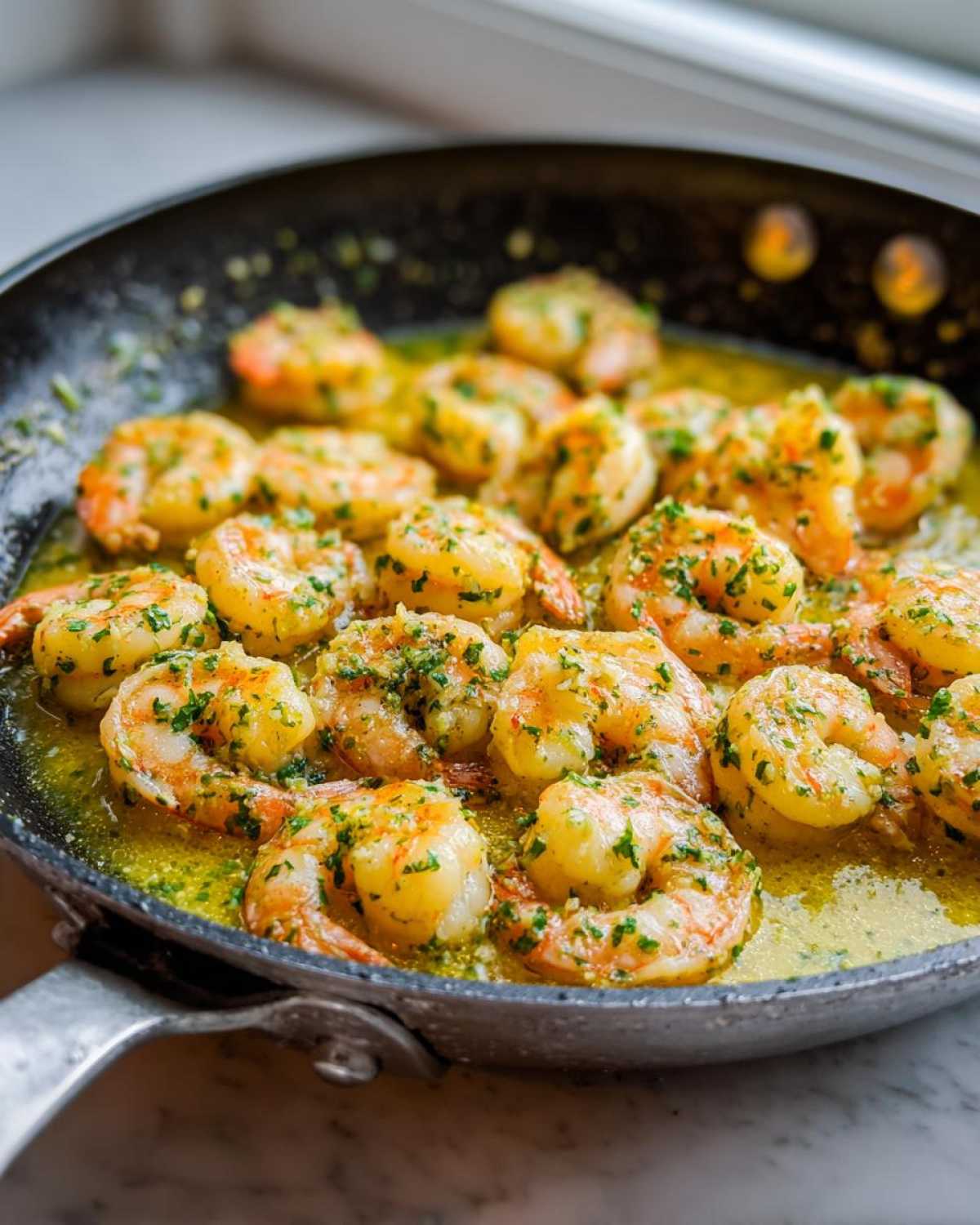 Close-up of plump shrimp sizzling in a skillet with rich garlic butter and lemon sauce, garnished with parsley.