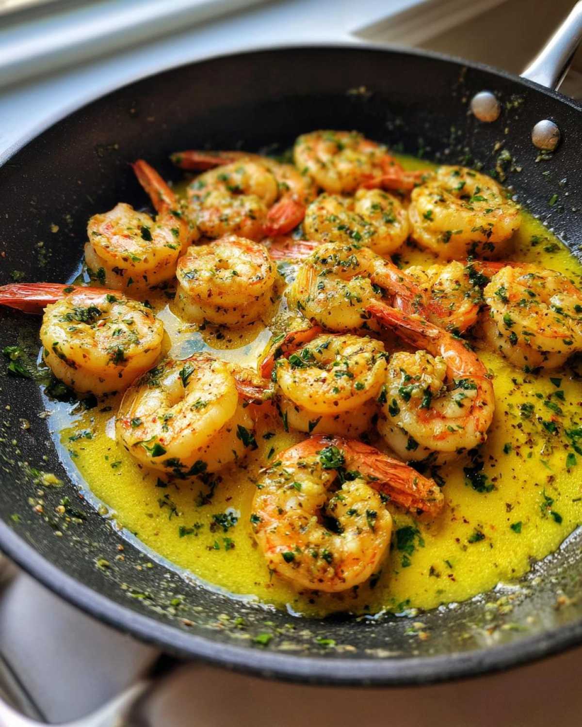 Close-up of succulent shrimp cooking in a skillet with rich, bright yellow garlic butter shrimp sauce and fresh parsley.
