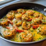 Close-up of plump shrimp sizzling in a skillet with bright yellow garlic butter sauce and fresh parsley, ready for Garlic Butter Shrimp Skillet.