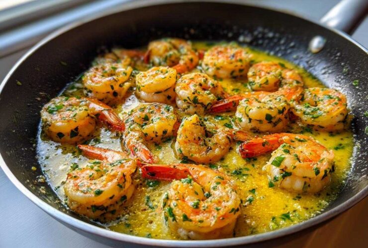 Close-up of plump shrimp sizzling in a skillet with bright yellow garlic butter sauce and fresh parsley, ready for Garlic Butter Shrimp Skillet.