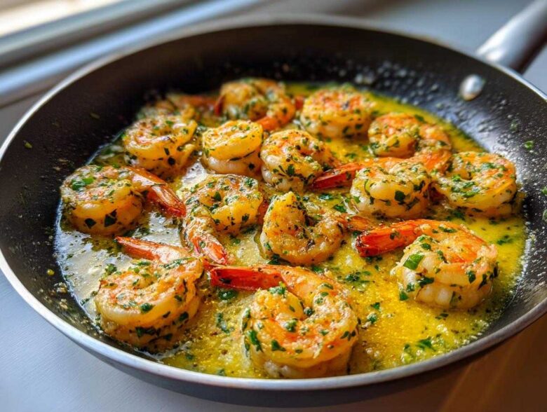 Close-up of plump shrimp sizzling in a skillet with bright yellow garlic butter sauce and fresh parsley, ready for Garlic Butter Shrimp Skillet.
