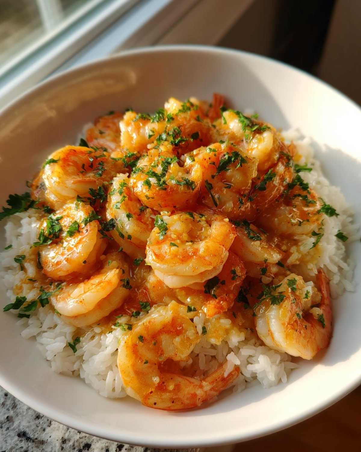 Close-up of Garlic Butter Shrimp with Rice Skillet, featuring plump shrimp coated in garlic butter sauce over white rice, topped with fresh parsley.