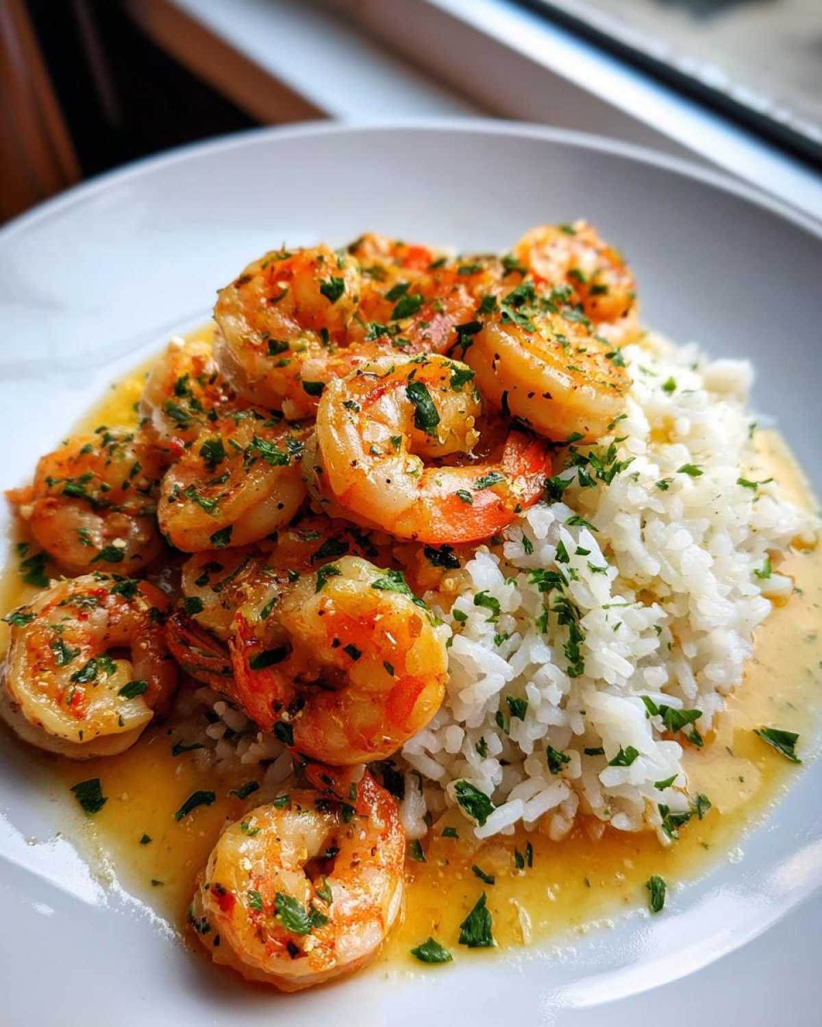 Close-up of Garlic Butter Shrimp with Rice Skillet, featuring plump shrimp coated in garlic butter sauce over white rice, garnished with parsley.