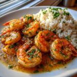 Plated serving of Garlic Butter Shrimp with Rice Skillet, featuring juicy shrimp in sauce next to fluffy white rice.