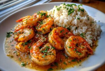 Plated serving of Garlic Butter Shrimp with Rice Skillet, featuring juicy shrimp in sauce next to fluffy white rice.