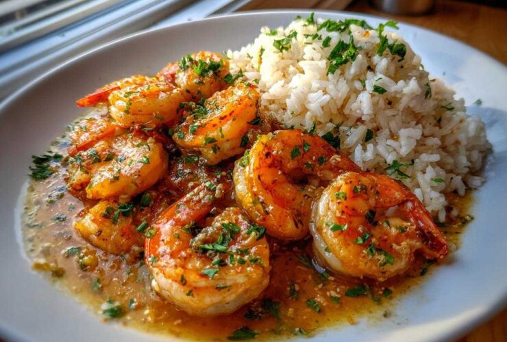 Plated serving of Garlic Butter Shrimp with Rice Skillet, featuring juicy shrimp in sauce next to fluffy white rice.