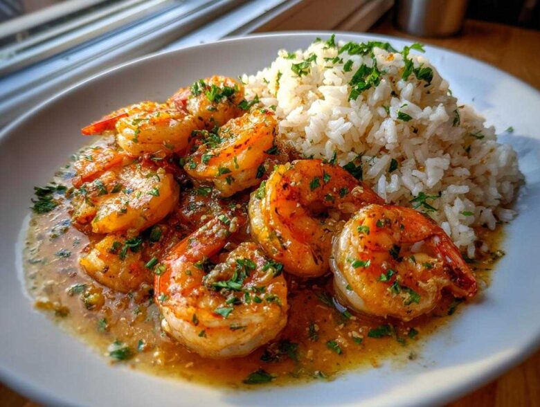 Plated serving of Garlic Butter Shrimp with Rice Skillet, featuring juicy shrimp in sauce next to fluffy white rice.