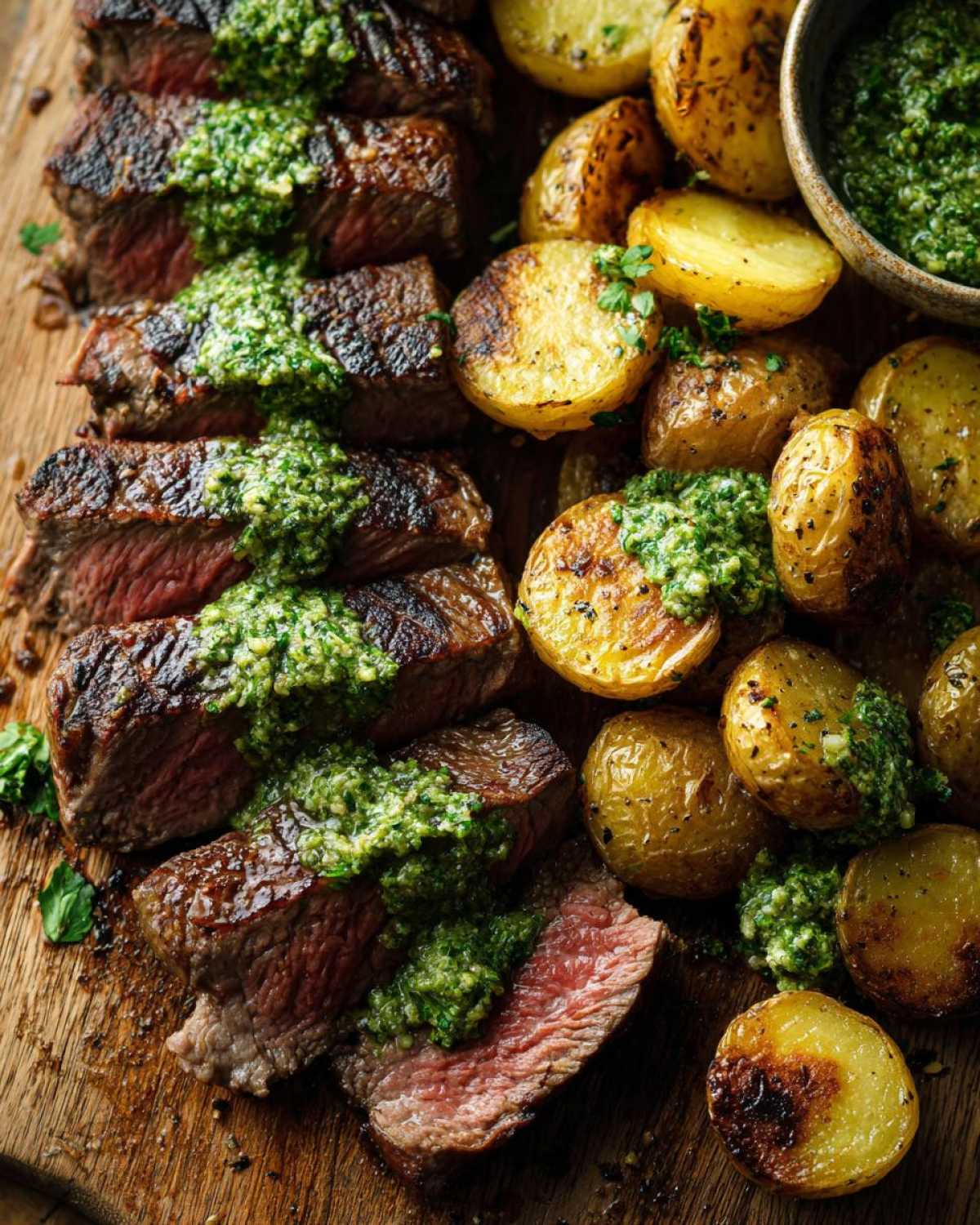 Sliced medium-rare Garlic Butter Steak and Potatoes topped with vibrant green herb sauce.