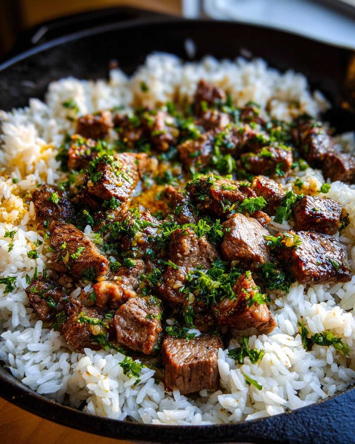 Close-up of Garlic Butter Steak and Rice Skillet Dinner, featuring seasoned steak bites over white rice, topped with parsley.